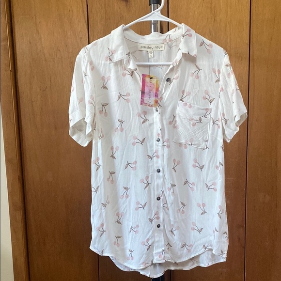 Tops - Paisley Raye White Cherry Print Button Down Shirt Size S NWT